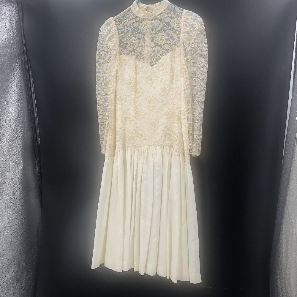 Vintage 80s Gold Lace Sheer Illusion High Neck Drop Waist Midi Dress Wedding