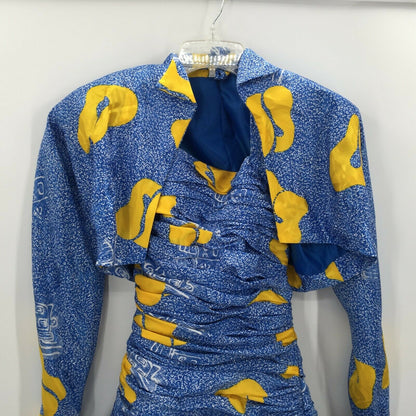 Vintage 80's 2 Pc. Jacket Halter Pleated Mini Dress Set Disco BEBOP Yellow/Blue