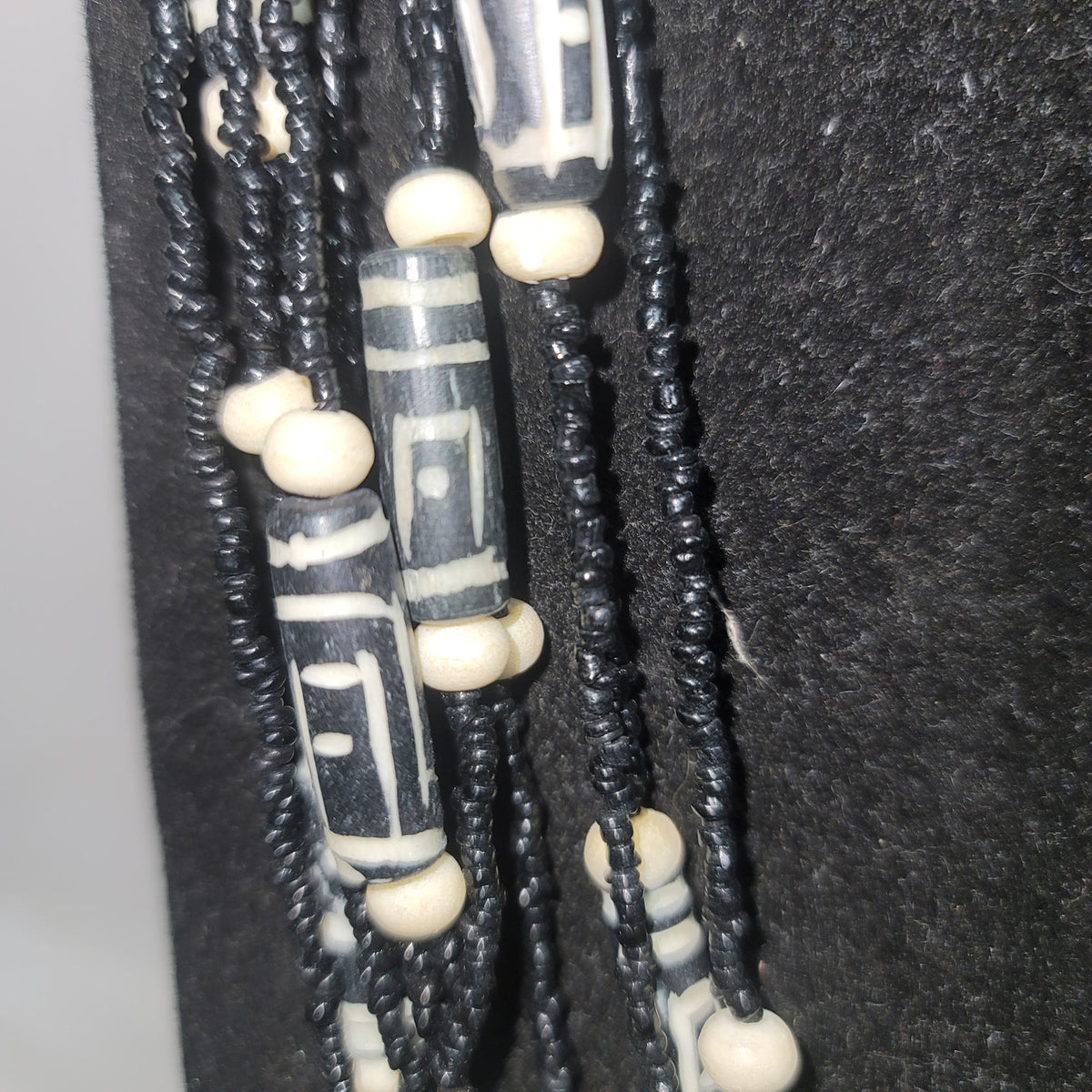 Vintage Black White Ethnic Multi Tier Beaded Necklace Costume Jewelry Fashion