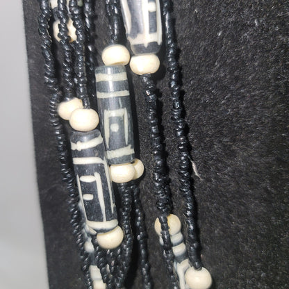 Vintage Black White Ethnic Multi Tier Beaded Necklace Costume Jewelry Fashion