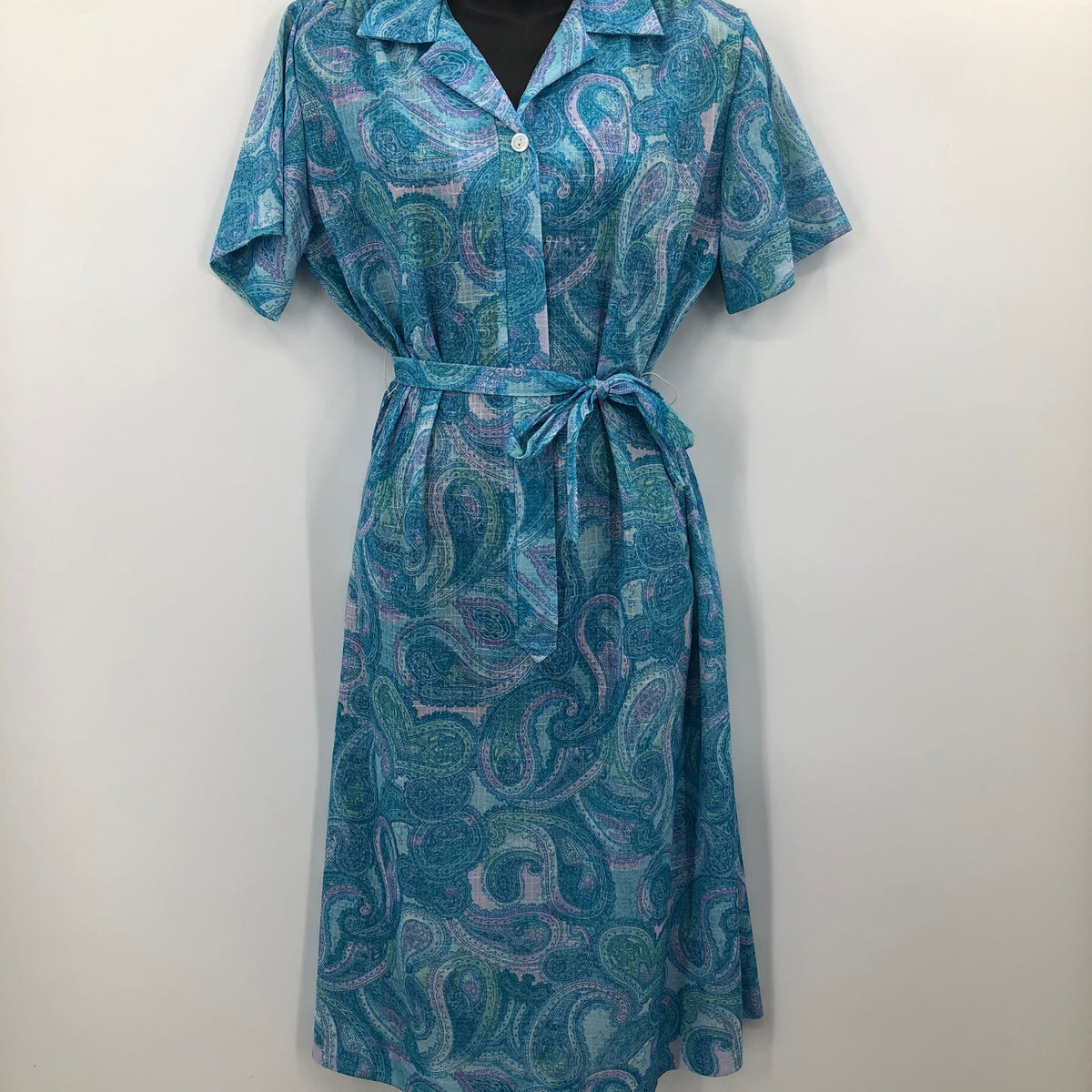 Vintage Blue Paisley 40s/50s Casual Midi Retro Dress Belted Collar Housewife