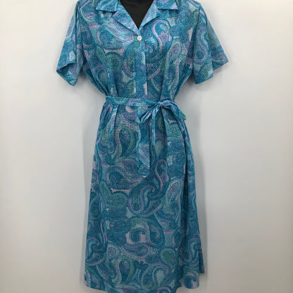 Vintage Blue Paisley 40s/50s Casual Midi Retro Dress Belted Collar Housewife