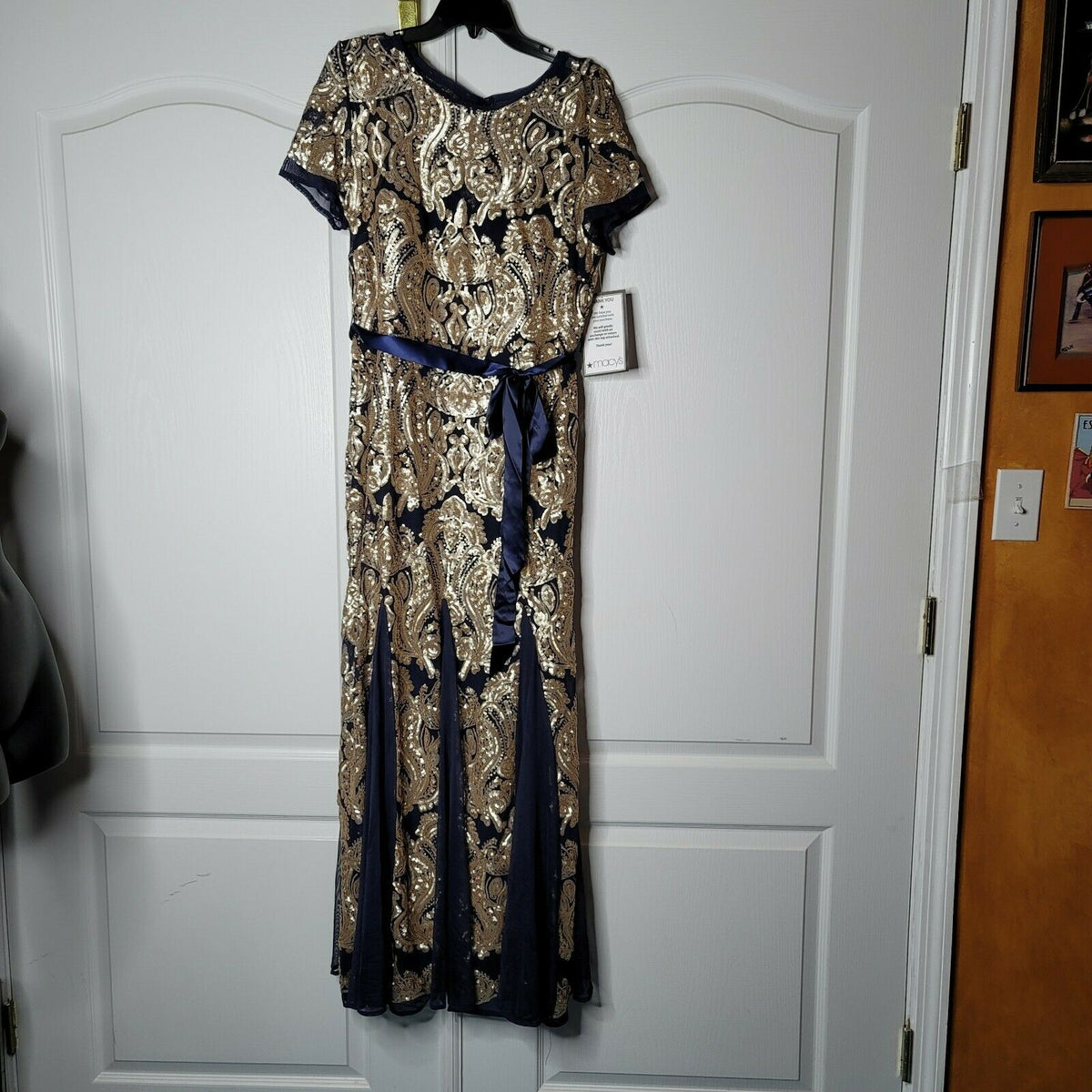 Evening Gown with Fishtail Sequins Dress Short Sleeves Round Neck Navy Gold 16
