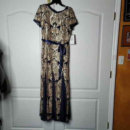 Evening Gown with Fishtail Sequins Dress Short Sleeves Round Neck Navy Gold 16