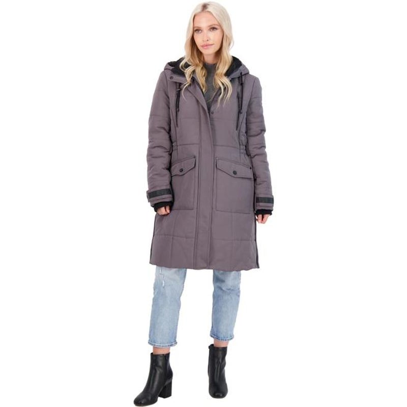 Lucky Brand Long Quilted Winter Parka Coat Drawstring Hood Gunmetal SZ Small