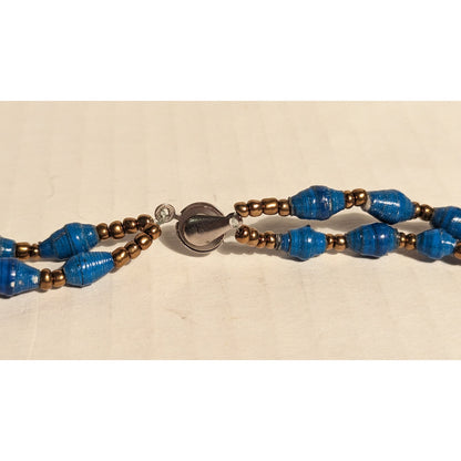 Vintage Costume Jewelry Magazine Handmade Rolled Paper Beads Necklace Blue Clasp