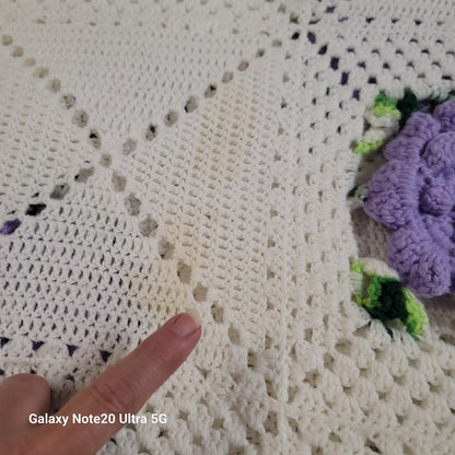 Crochet purple white raise flower blanket coverlet Handmade twin full bedspread