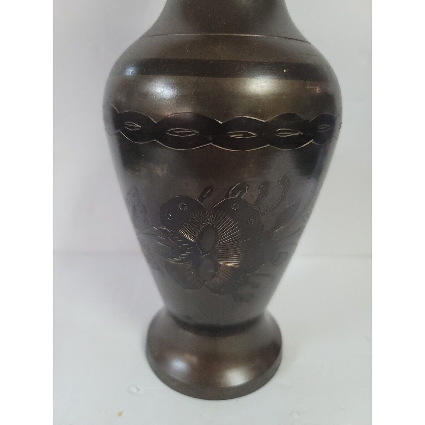 Vintage Solid Brass Flared Vase Made In India Engraved Floral Design 12.5” Tall