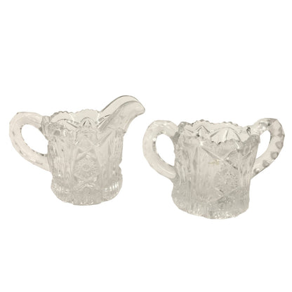 Crystal Glass Double Handle Sugar Bowl & Creamer Pressed Deep Cut Glass EAPG