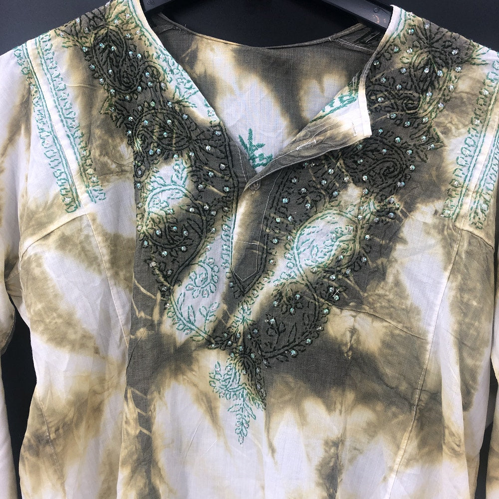 Vintage Tie Dye Sequin Embroidered Long Sleeve Tunic Top Green White Boho MEDIUM