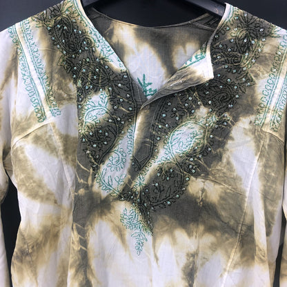 Vintage Tie Dye Sequin Embroidered Long Sleeve Tunic Top Green White Boho MEDIUM