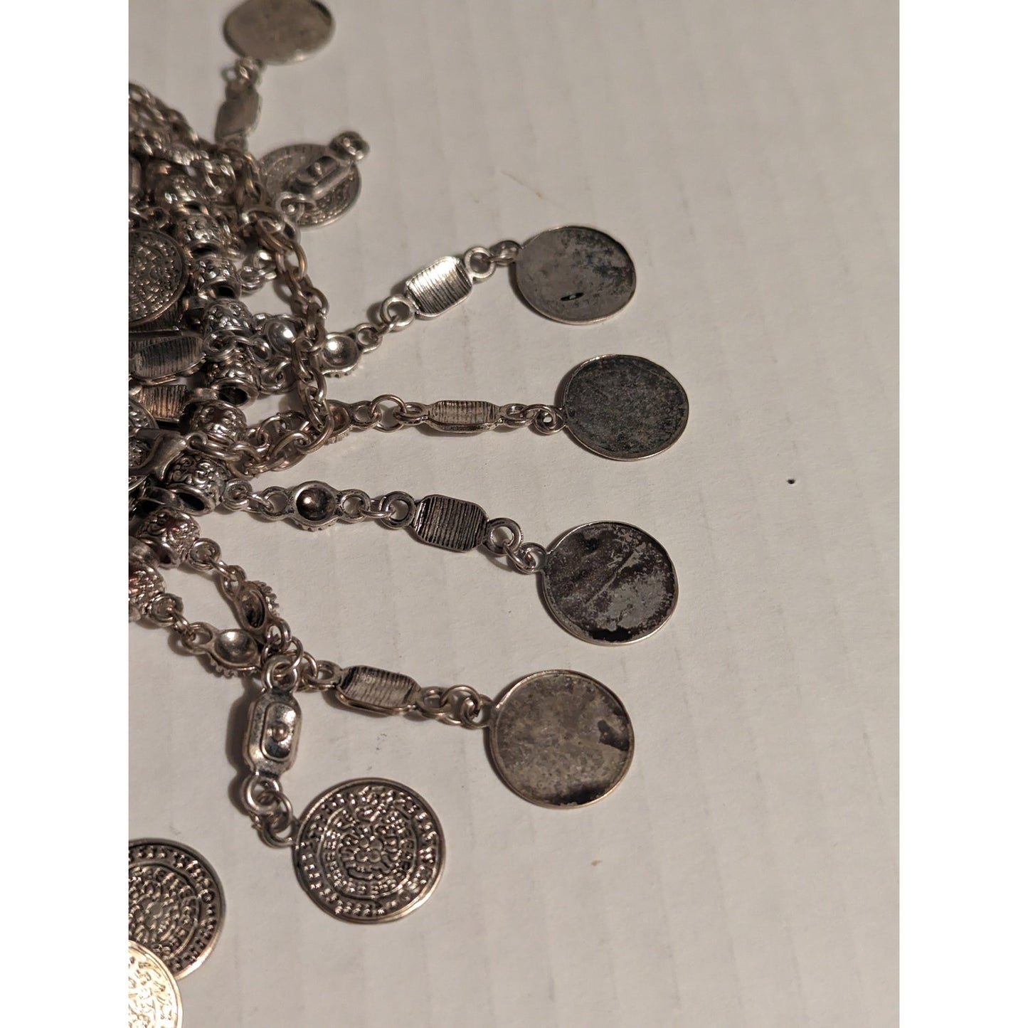 Vintage Ethnic Boho Jewelry SilverTone Metal Patina Coin Chandelier Necklace