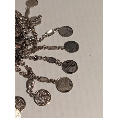 Vintage Ethnic Boho Jewelry SilverTone Metal Patina Coin Chandelier Necklace