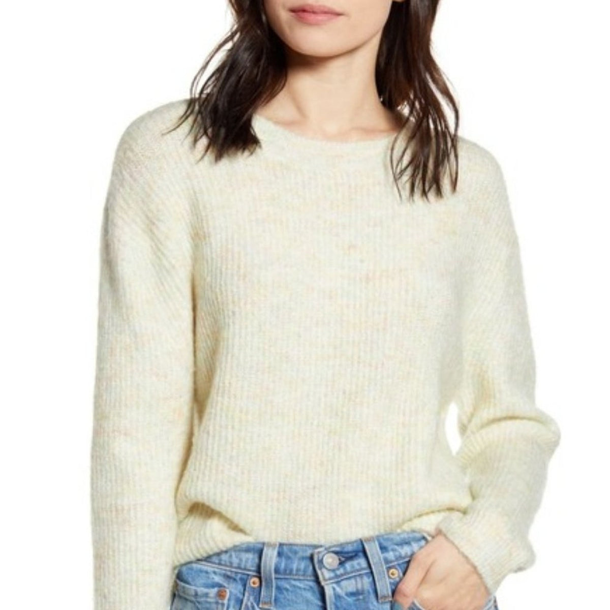 BP. Marl Pullover Drop-Shoulder Sweater Long Sleeve Crew Neck Ivory Medium