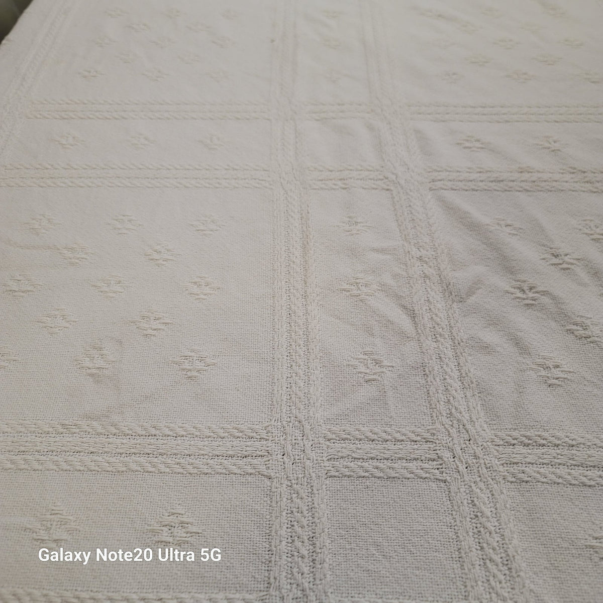 White coverlet blanket  Woven squares fringe white king or queen vintage texture