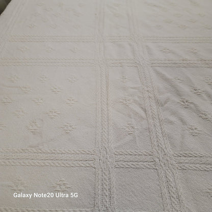 White coverlet blanket  Woven squares fringe white king or queen vintage texture