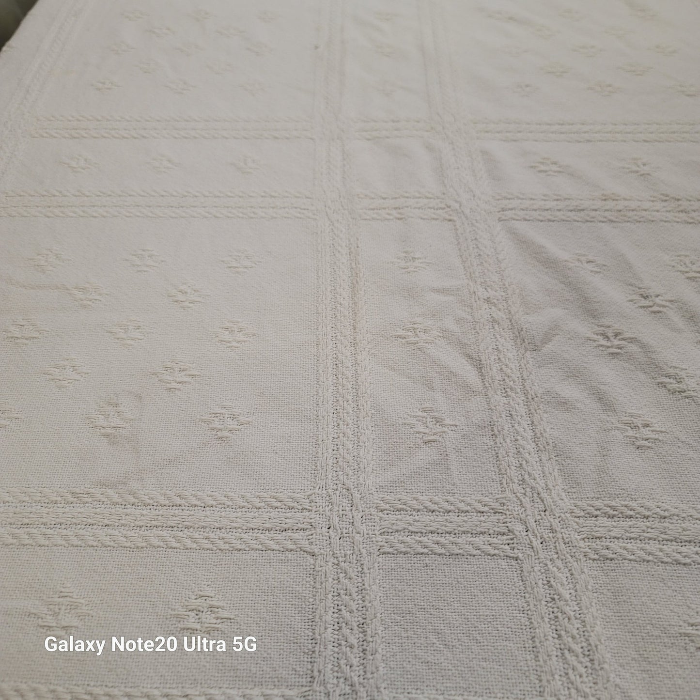 White coverlet blanket  Woven squares fringe white king or queen vintage texture