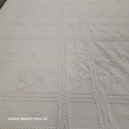 White coverlet blanket  Woven squares fringe white king or queen vintage texture