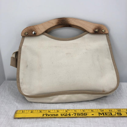American Eagles Vintage Brown Cream Canvas Bag with Wooden Handles Top Handle