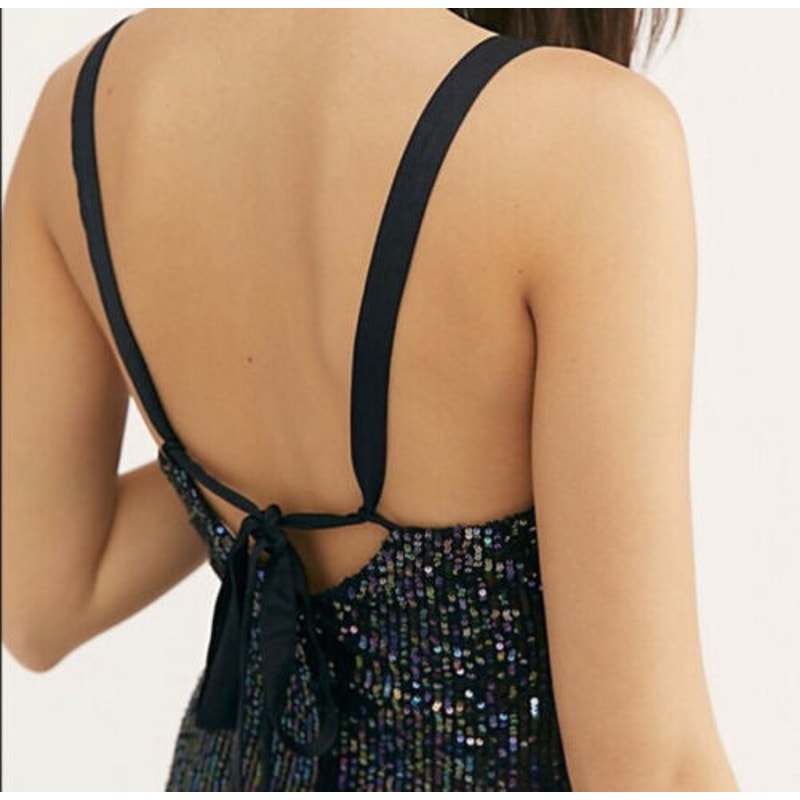 Free People Black Gold Rush Sequin Metallic Minidress XS Night Combo $88 NWT