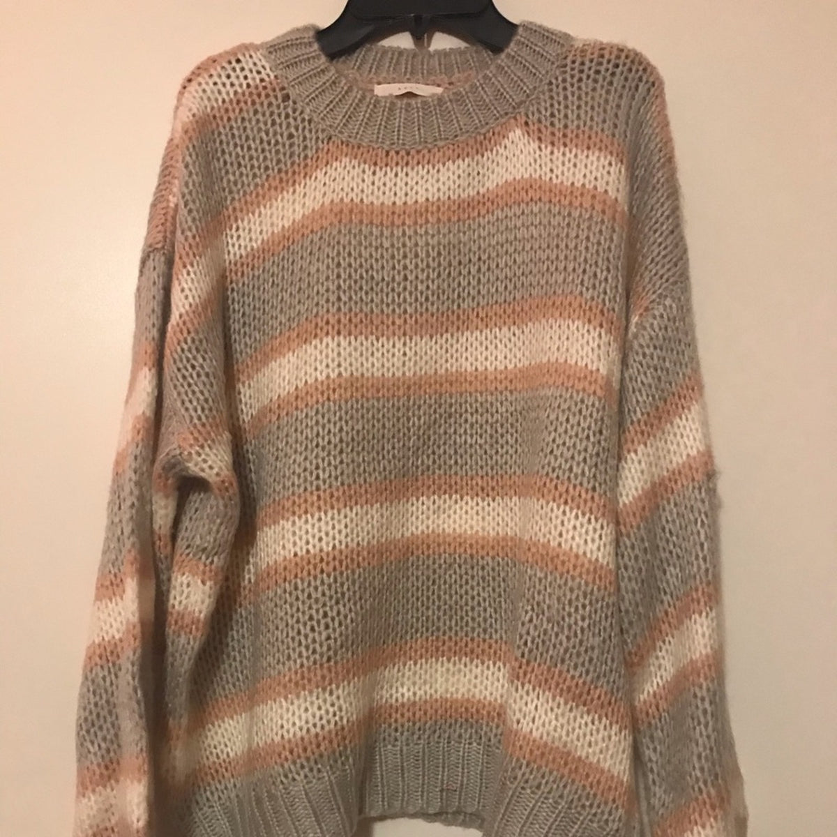 Lush NEW Blouson Sleeve Knit Sweater Size Large Striped Oversized gray pink