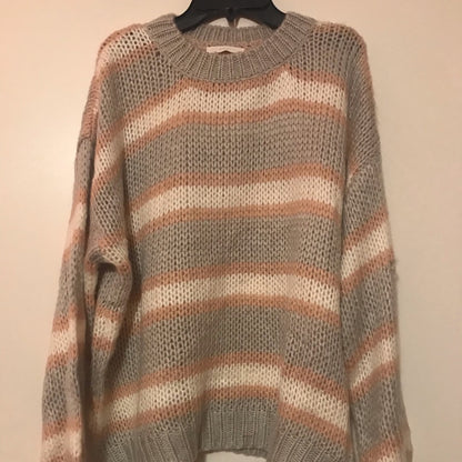 Lush NEW Blouson Sleeve Knit Sweater Size Large Striped Oversized gray pink