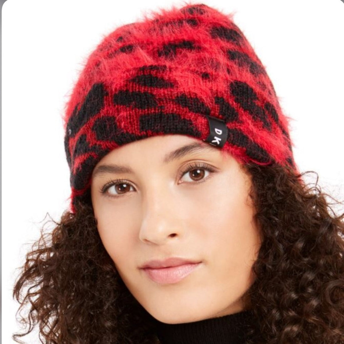 DKNY $36 NEW Red & Black Fuzzy Animal Print Beanie Cheetah Toboggan Hat Cap