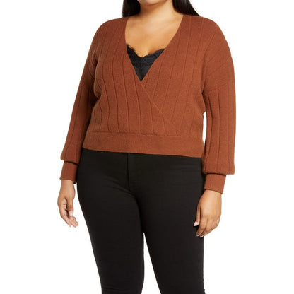 Leith Faux Wrap Pullover Ribbed Sweater Long Sleeve V-Neck Brown Size Medium
