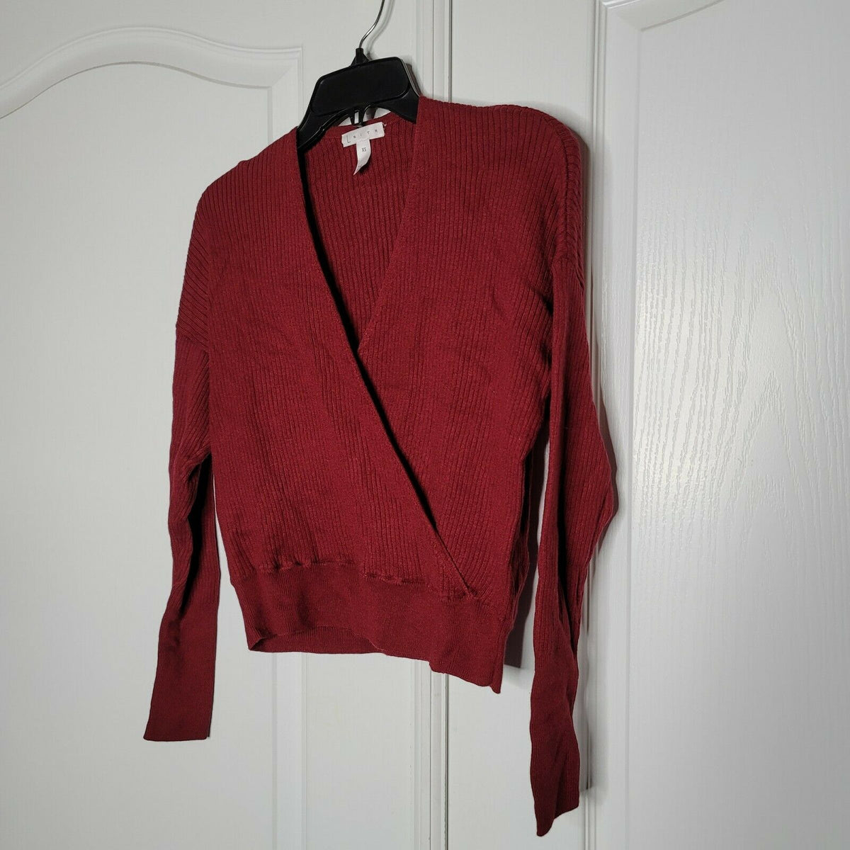 Leith Rib Wrap Pullover Sweater Long Sleeves Surplice V-Neck Red X-Small NWT