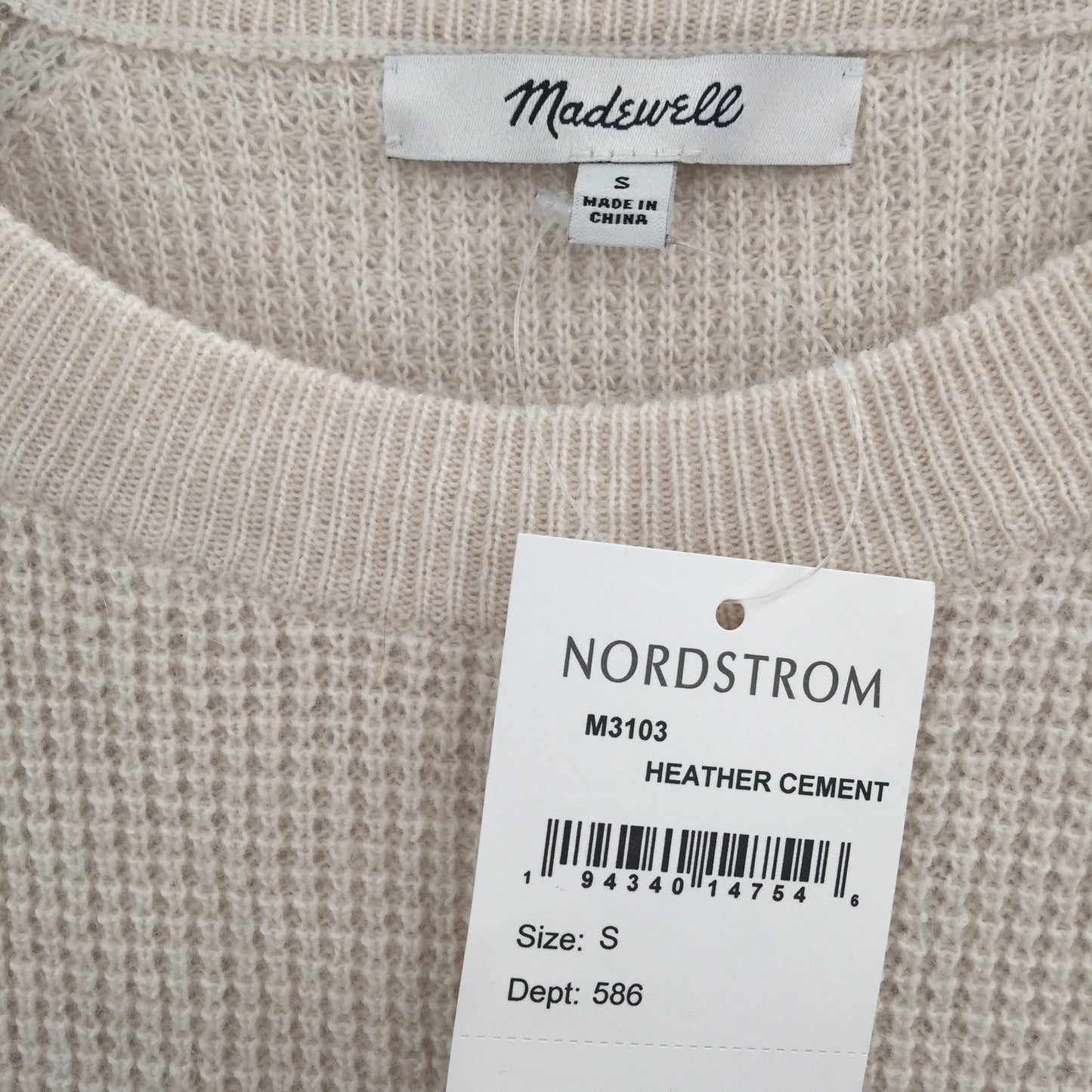 Madewell Jane Waffle Stitch Pullover Sweater Heather Cement Size Small NWT