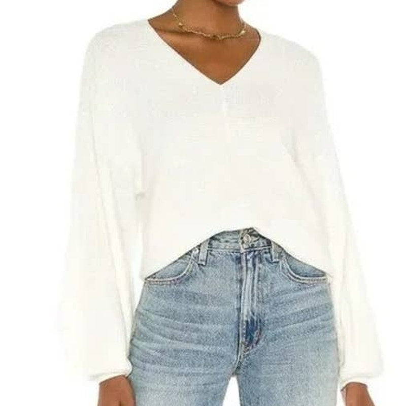1.STATE V-Neck Balloon Sleeve Ribbed Sweater Top Size XXL/2X Antique White NWT