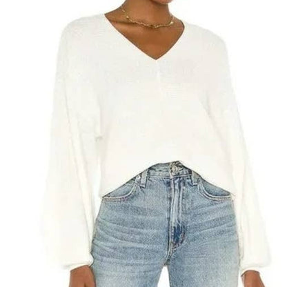 1.STATE V-Neck Balloon Sleeve Ribbed Sweater Top Size XXL/2X Antique White NWT