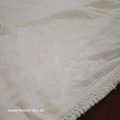 White coverlet blanket  Woven squares fringe white king or queen vintage texture