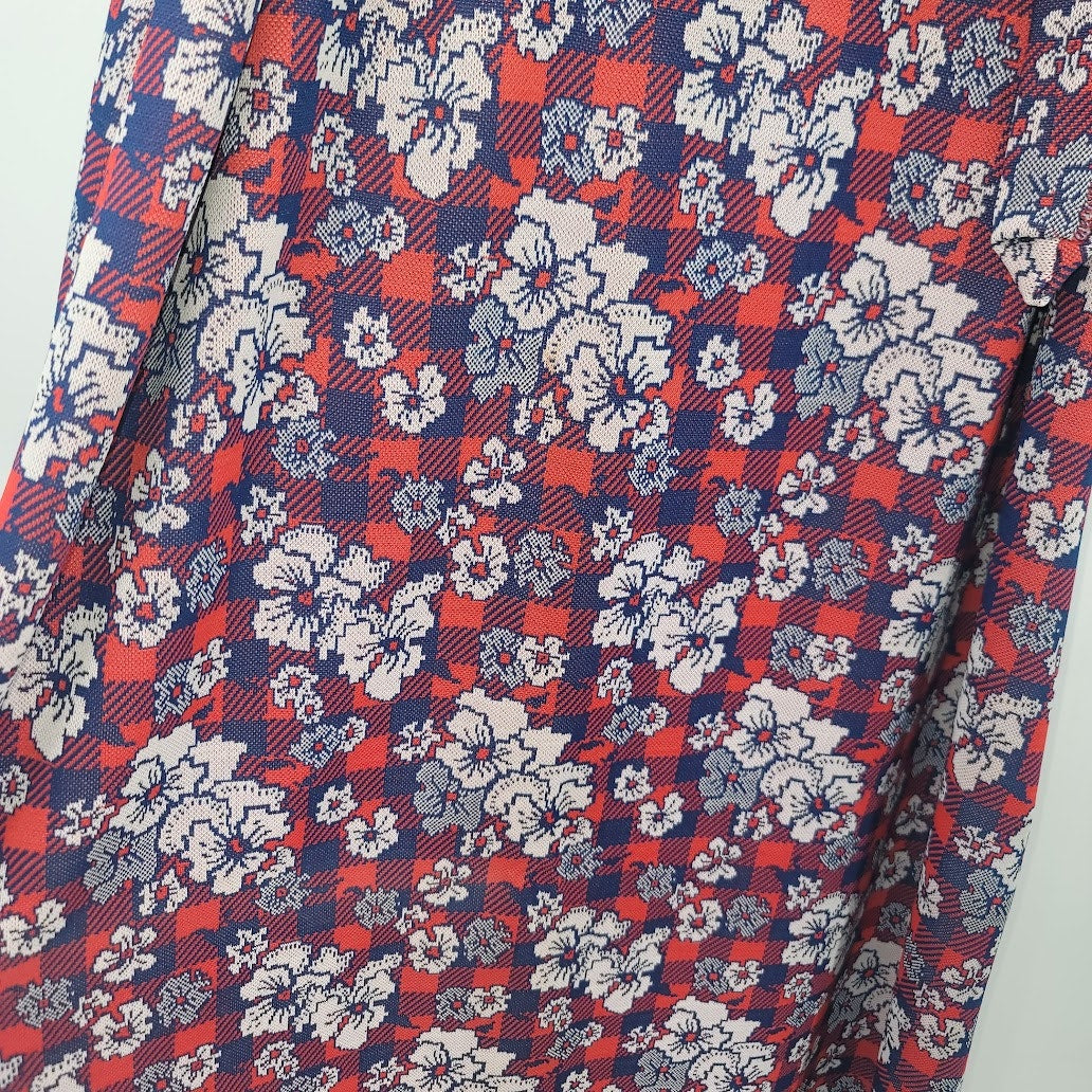 Vintage Polyester Blue Red White Maxi Floral Sleeveless Belted Dress Cocktail 70