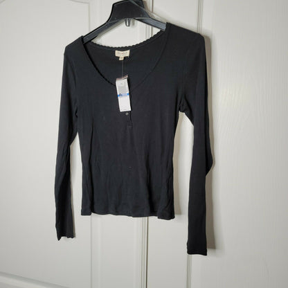 Ultra Flirt Ribbed Knit Henley Top Long Sleeve Black Button Size Medium