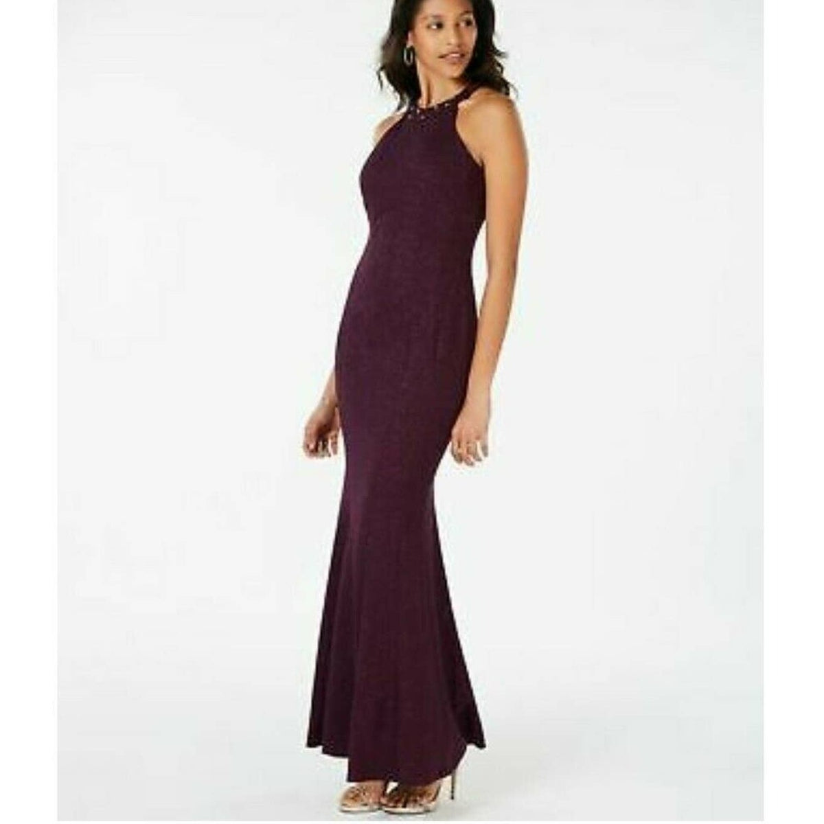 NW Nightway Wine Size 6 Mulberry Glitter-Knit Embellished Evening Gown $130