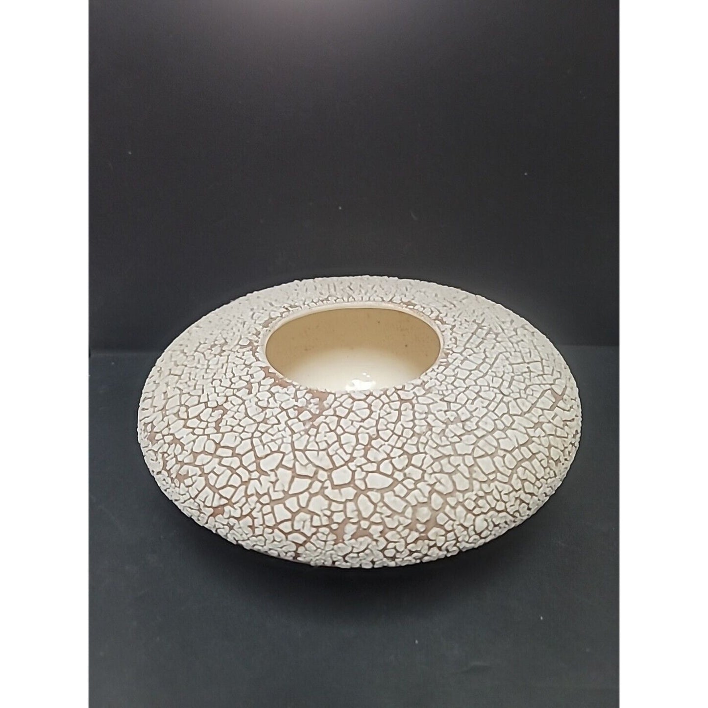 Mid Century Modern Pottery Planter White Crackle Texture Brown Bottom Spaceship