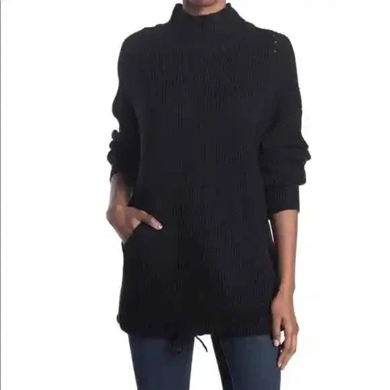 RDI Tunic Sweater Mock Neck Kangaroo Pockets Ribbed Small Black NWT Drawstring