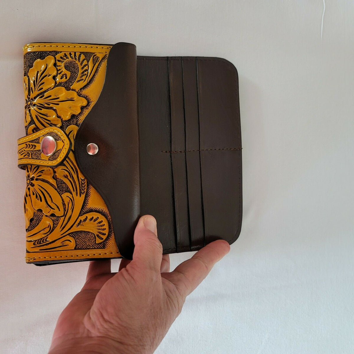 Hand tooled leather wallet Mustard yellow 7 1/2"x 4" BOHO Chic Mexican Artisan