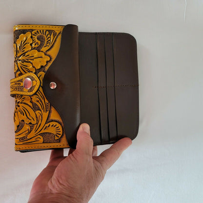 Hand tooled leather wallet Mustard yellow 7 1/2"x 4" BOHO Chic Mexican Artisan