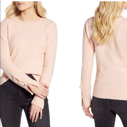 Rachel Parcell Scalloped Crew Neck Pullover Sweater Long Sleeve Pink NEW Small