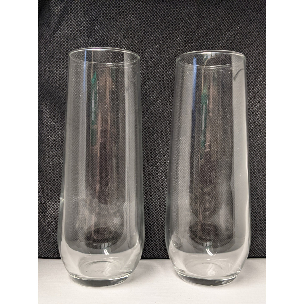 Mid Century Modern 5.75in Stemless Champagne Flute Glass Pair Bottom Heavy Shape