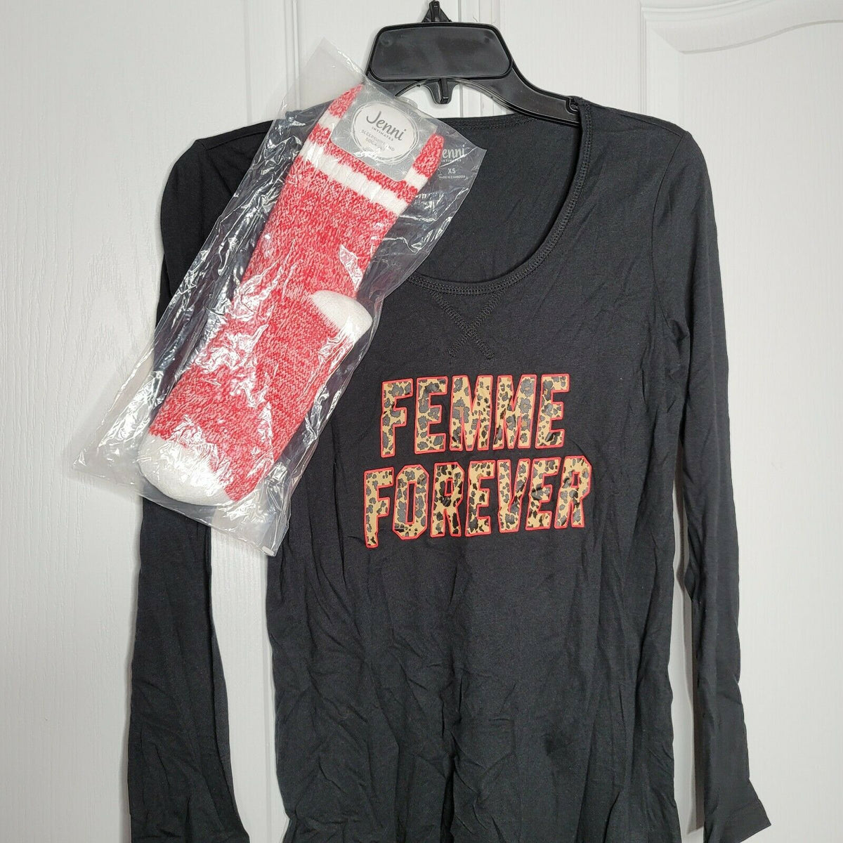 Jenni Jennifer Moore Printed Sleep Shirt w/ Socks Set Black Pink Extra Small