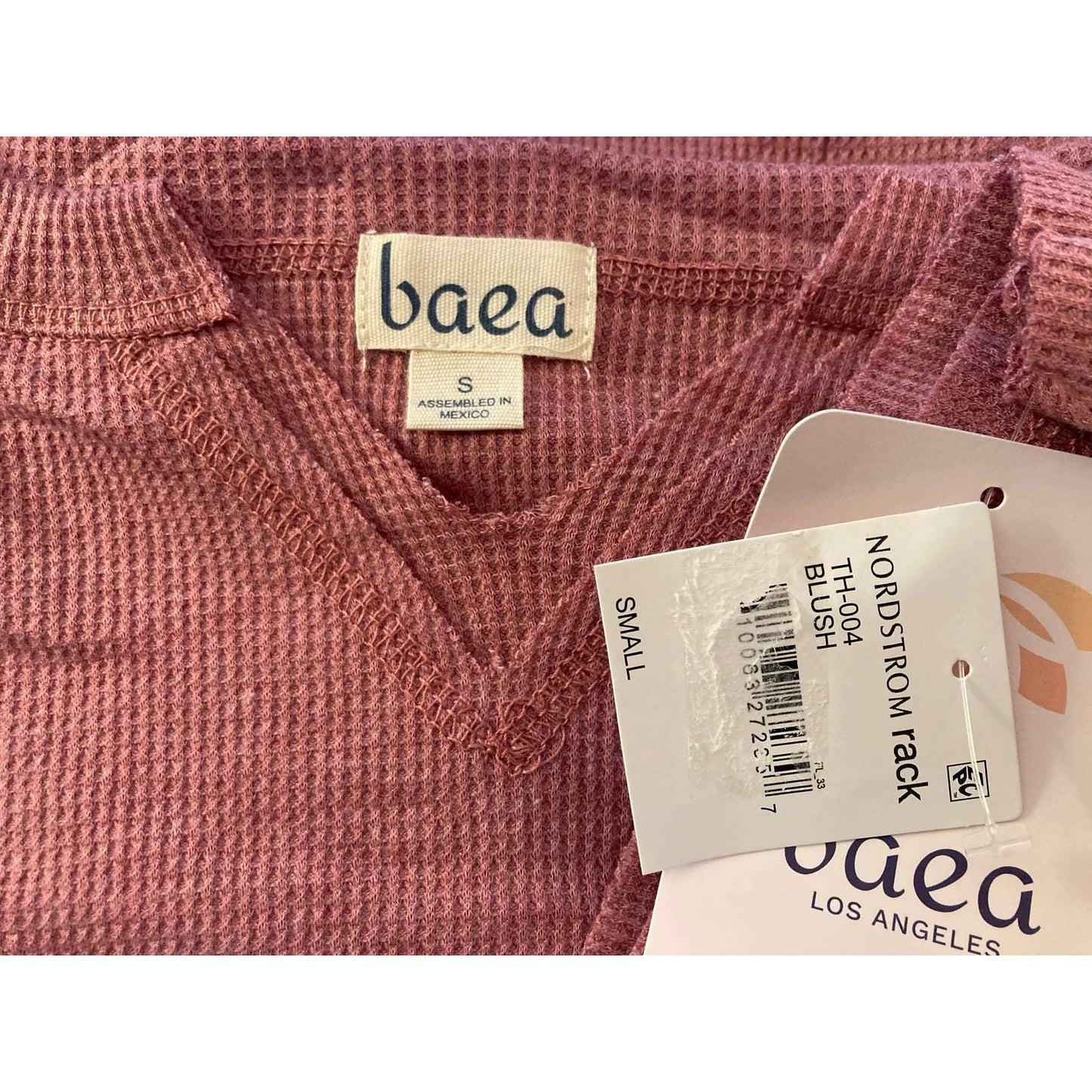 Baea Los Angeles Raw Seam Waffle Thermal Bell Sleeve Top Sz Small in Blush NWT