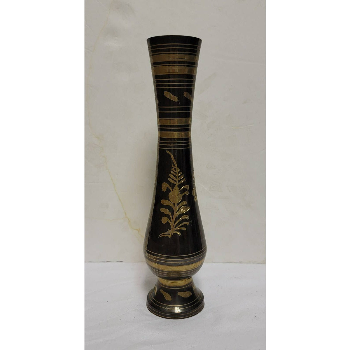 Vintage Indian Brass Metal Fluted Footed Vase Black Patina Etched Floral Pattern