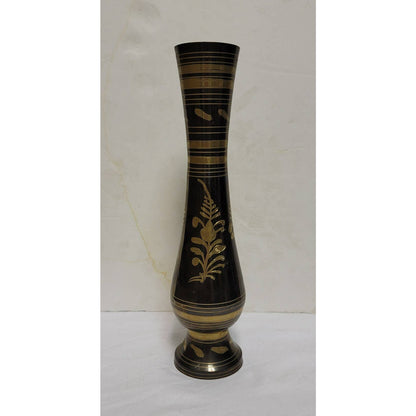 Vintage Indian Brass Metal Fluted Footed Vase Black Patina Etched Floral Pattern