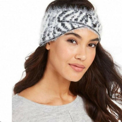New DKNY Animal Zebra Print Front Twist Headband Ear Warmer Fuzzy Black White