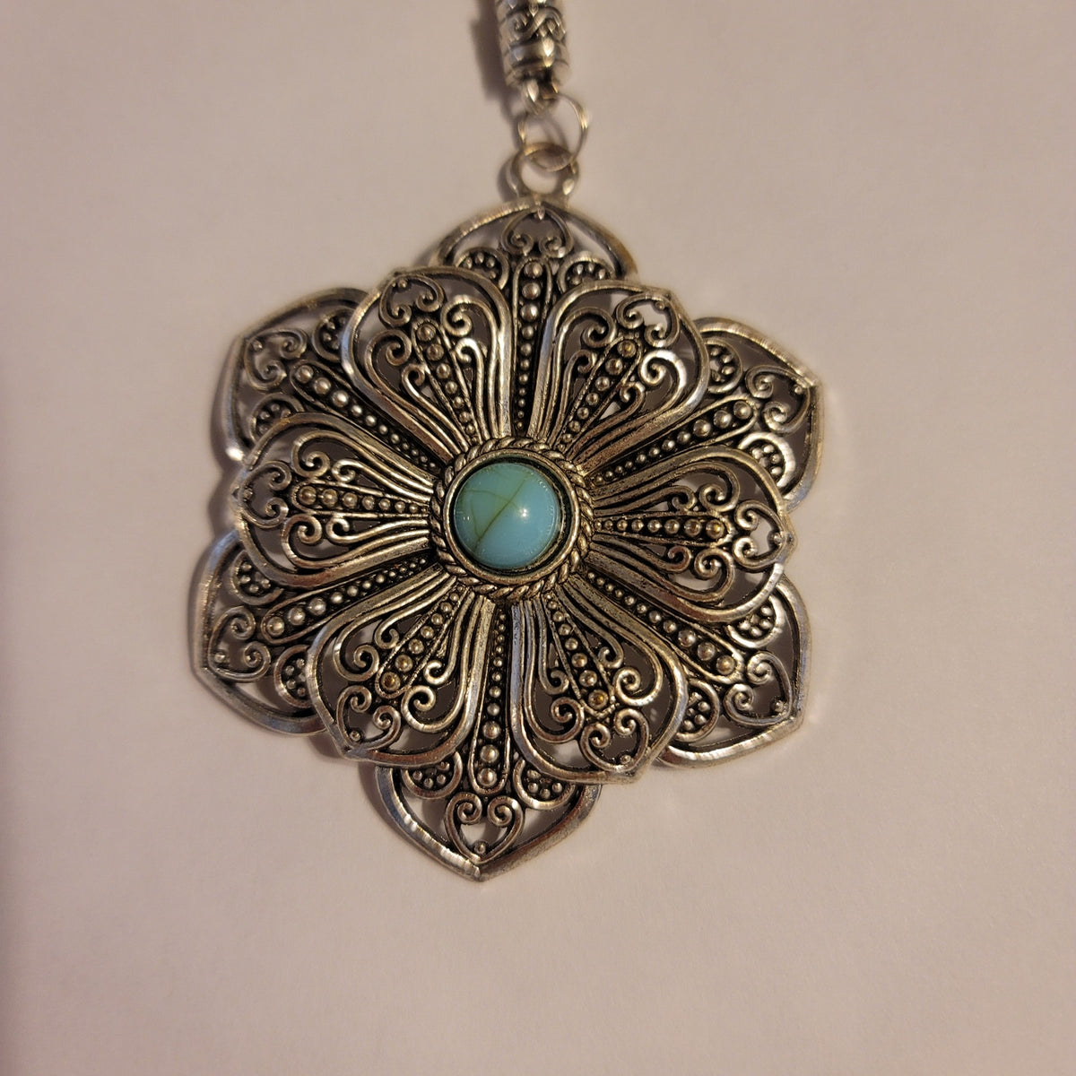NEW silvertone Black Aged Filigree Metal Scarf Purse Slide Cork Rope FLOWER