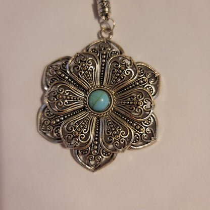 NEW silvertone Black Aged Filigree Metal Scarf Purse Slide Cork Rope FLOWER