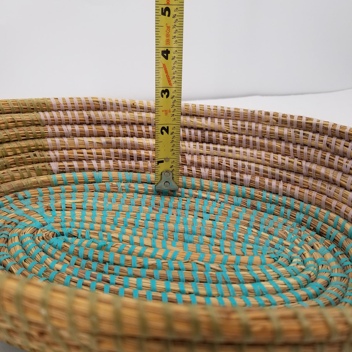 Handmade Senegal Woven Sea Grass Basket Recycled Plastic Astou Dioum Teal Wrap